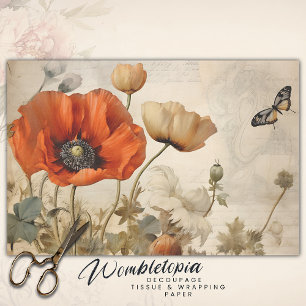 Vintage Red Poppy & Butterfly Botanical Decoupage  Tissue Paper