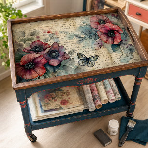 Vintage Red Poppy & Butterfly Watercolor Decoupage Tissue Paper