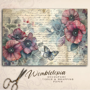 Vintage Red Poppy & Butterfly Watercolor Decoupage Tissue Paper
