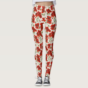 Vintage Red Poppy Design Art Nouveau Leggings