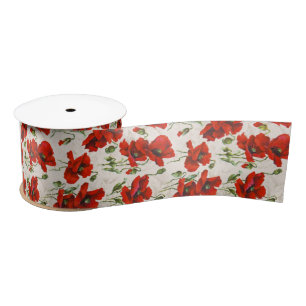 Vintage Red Poppy Design Art Nouveau Satin Ribbon