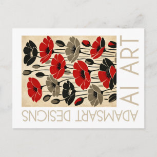 Vintage Red Poppy Floral AI Art Postcard