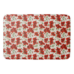 Vintage Red Poppy Floral Pattern Botanical Art Bath Mat