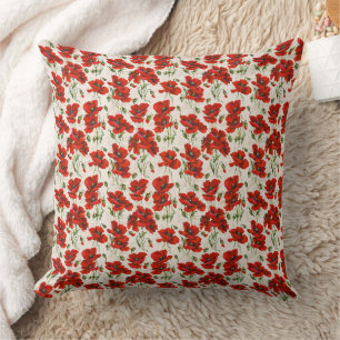 Vintage Red Poppy Floral Pattern Botanical Art Cushion