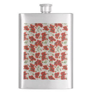 Vintage Red Poppy Floral Pattern Botanical Art Hip Flask