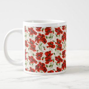 Vintage Red Poppy Floral Pattern Botanical Art Large Coffee Mug