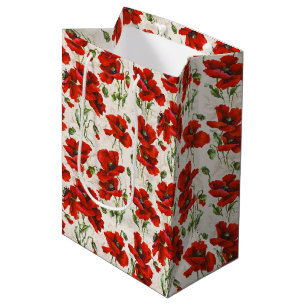 Vintage Red Poppy Floral Pattern Botanical Art Medium Gift Bag