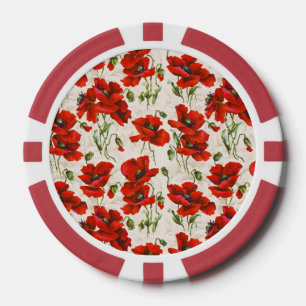 Vintage Red Poppy Floral Pattern Botanical Art Poker Chips