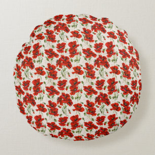 Vintage Red Poppy Floral Pattern Botanical Art Round Cushion