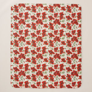 Vintage Red Poppy Floral Pattern Botanical Art Sherpa Blanket