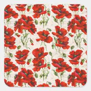 Vintage Red Poppy Floral Pattern Botanical Art Square Sticker