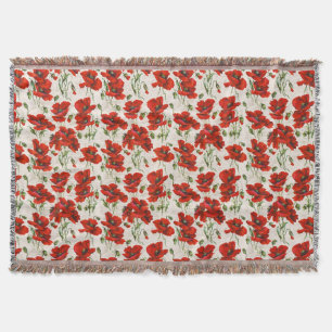 Vintage Red Poppy Floral Pattern Botanical Art Throw Blanket
