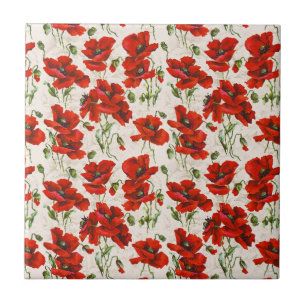 Vintage Red Poppy Floral Pattern Botanical Art Tile