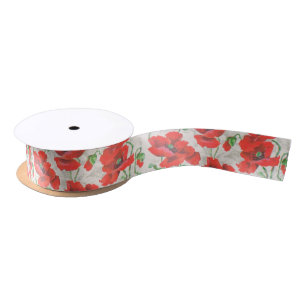 Vintage Red Poppy Floral Pattern Satin Ribbon
