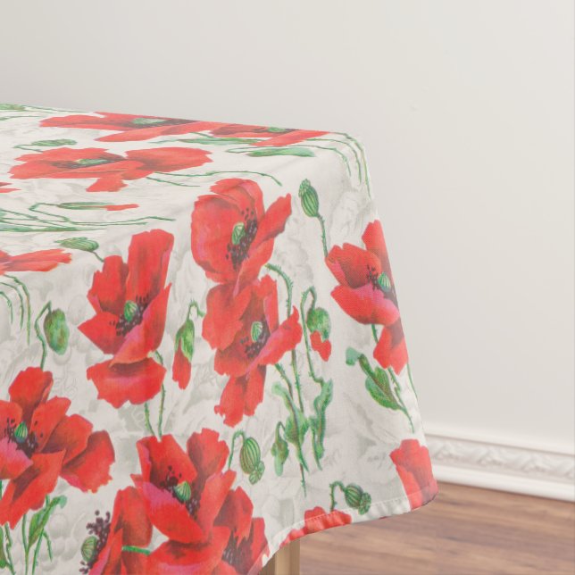 Vintage Red Poppy Floral Pattern Tablecloth (In Situ)