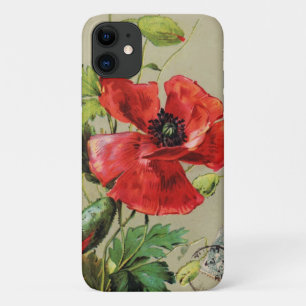 VINTAGE RED POPPY FLOWER IN GREY iPhone 11 CASE