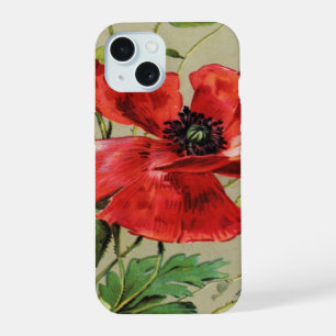 VINTAGE RED POPPY FLOWER IN GREY iPhone 15 CASE