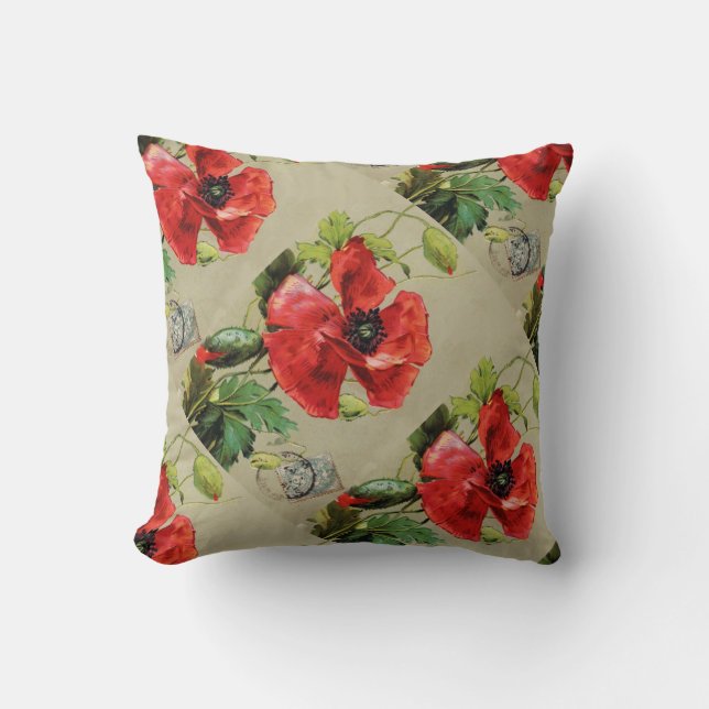 VINTAGE RED POPPY FLOWERS CUSHION (Front)