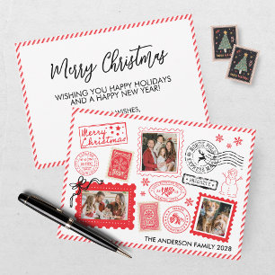 Vintage Red Postage Stamp Photo Christmas Holiday Card