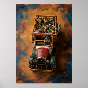 Vintage Red Produce Truck Market Oil Painting Post Poster