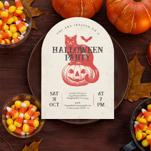 Vintage Red Pumpkin and Cat Halloween Party Invitation