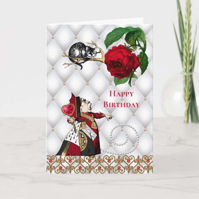 Vintage Red Queen Cat Rose Birthday Card (Front)