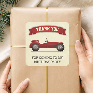 Vintage Red Race Car Kids Birthday Party Favour Square Sticker