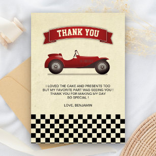 Vintage Red Race Car Kids Birthday Party Thank You Card