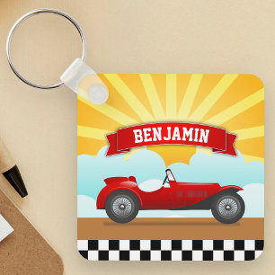 Vintage Red Race Car Personalised Name Kids Room Key Ring