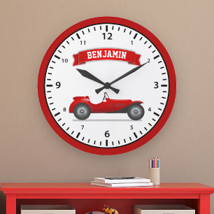 Vintage Red Race Car Personalised Name Kids Room Large Clock