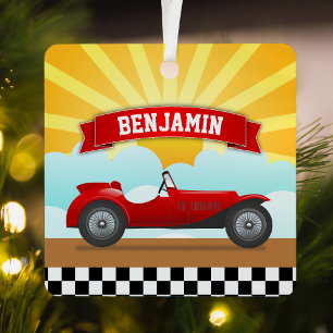 Vintage Red Race Car Personalised Name Kids Room Metal Tree Decoration