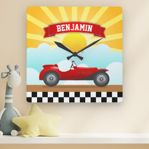 Vintage Red Race Car Personalised Name Kids Room Square Wall Clock