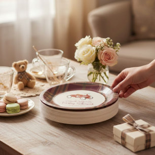 Vintage Red Race Car Plaid Baby Shower Paper Plate