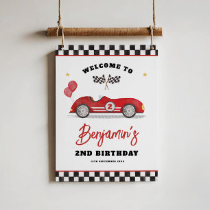 Vintage Red Race Car Two Fast Birthday Welcome Poster