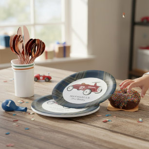 Vintage Red Race Car Watercolor Birthday  Paper Plate