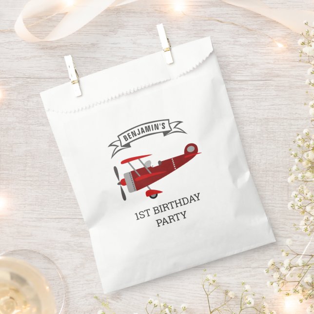 Vintage Red Retro Aeroplane Birthday Party Favour Bags (Clipped)