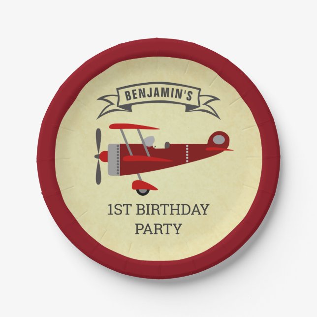 Vintage Red Retro Aeroplane Birthday Party Paper Plate (Front)