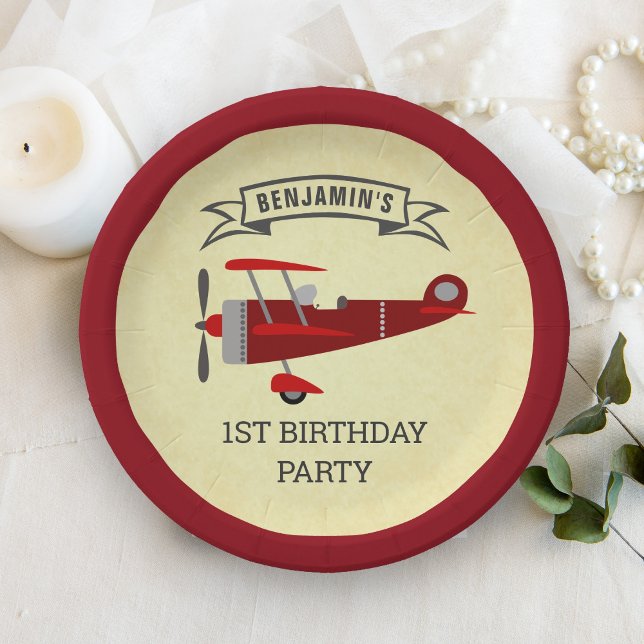 Vintage Red Retro Aeroplane Birthday Party Paper Plate (Creator Uploaded)