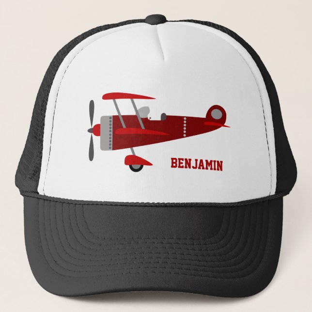 Vintage Red Retro Aeroplane Kids Trucker Hat (Front)