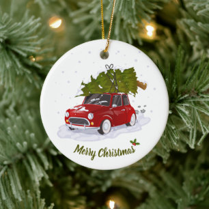 Vintage Red Retro Car Taking Christmas Tree Home Ceramic Tree Decoration