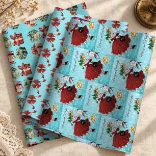 Vintage Red Retro Christmas Mailbox Girl Wrapping Paper Sheet
