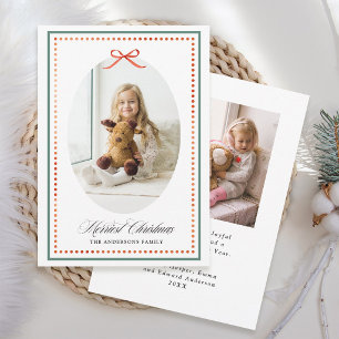 Vintage Red Ribbon Bow Green Christmas 2 Photo Holiday Card