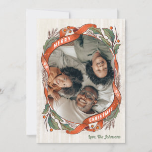 Vintage Red Ribbons Holly Photo Holiday Card