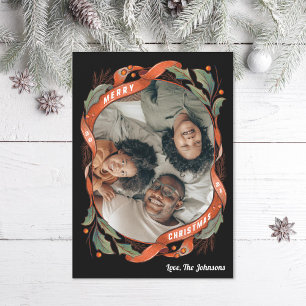 Vintage Red Ribbons Holly Photo Holiday Card