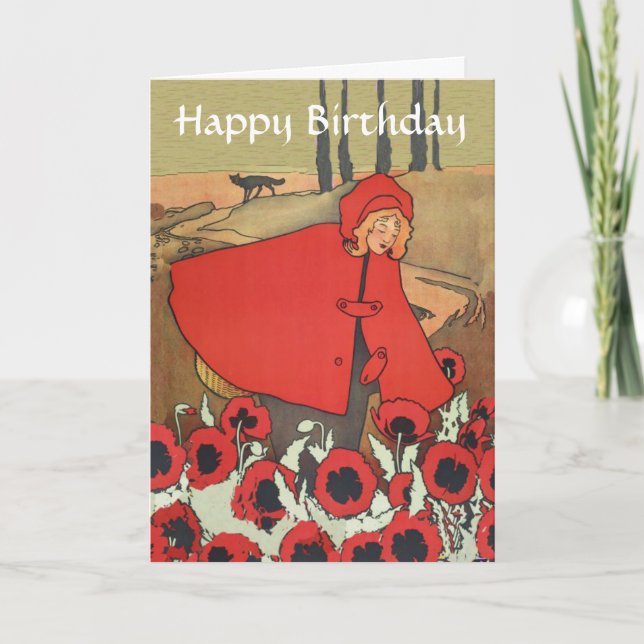 Vintage Red Riding Hood Poppy Flowers Birthday Card (Front)