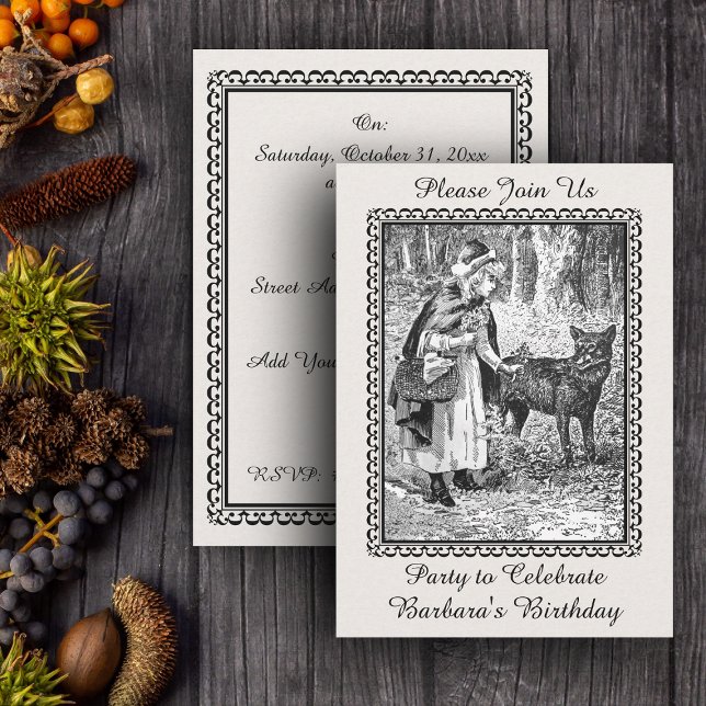 Vintage Red Riding Hood Wolf Birthday Party Invitation (Black white Vintage Little Red Riding Hood with wolf in woods on birthday party invitations.)