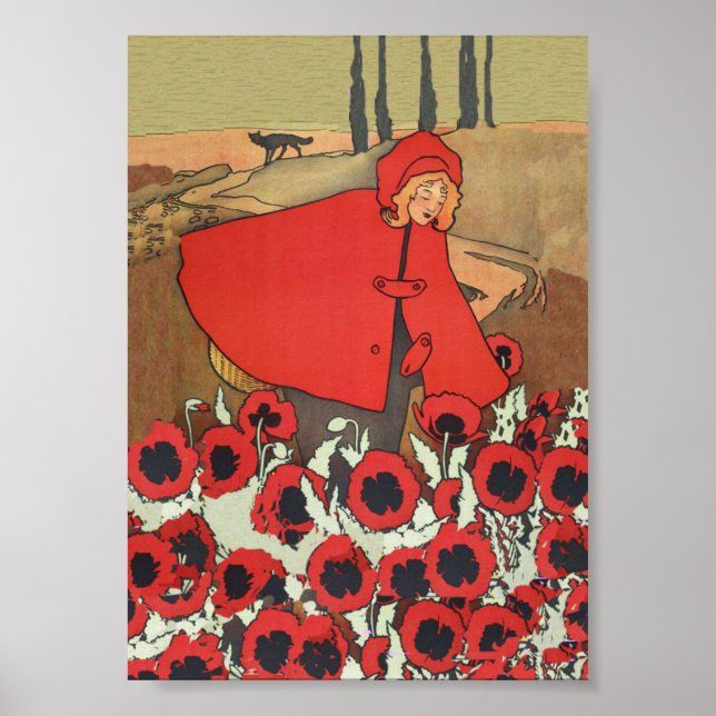 Vintage Red Riding Hood Wolf Poppy Flowers Poster (Front)