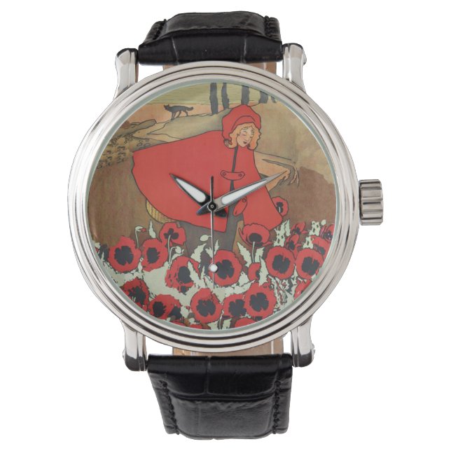 Vintage Red Riding Hood Wolf Poppy Flowers Watch (Front)