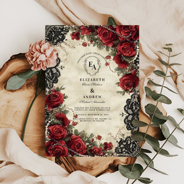 Vintage Red Rose and Black Lace Wedding Invitation (Creator Uploaded)