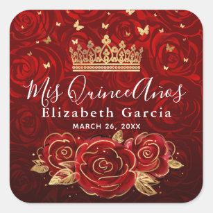 Vintage Red Rose and Gold Elegant Template Square Sticker
